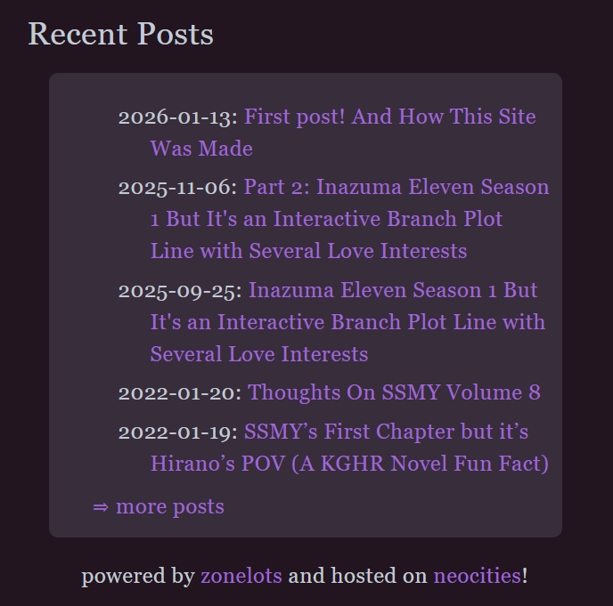 Recent Post section showcasing a list of the five latest posts encased in a contrasting color background than the site's background